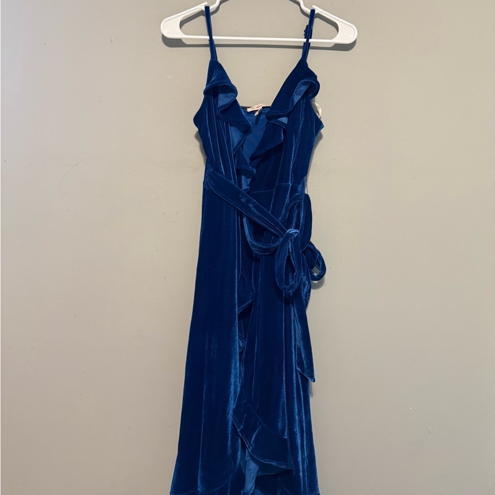 BCBGeneration Asymmetrical Blue Velvet Wrap Dress